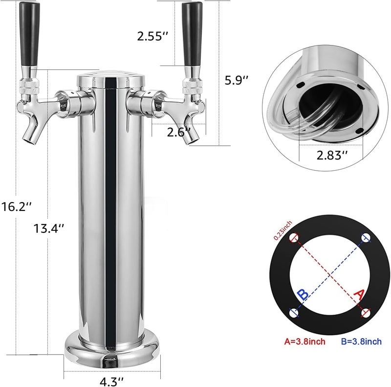 MRbrew Kegerator Tower Beer Tap Tower Dispenser Dual Faucet Beer Tower Draft Beer Dispenser Stainless Steel Keg Tap Tower 3'' Keg Tower Pre-assembled Line Beer Faucet Dispenser Kit For Home, Bar,Party - Image 5